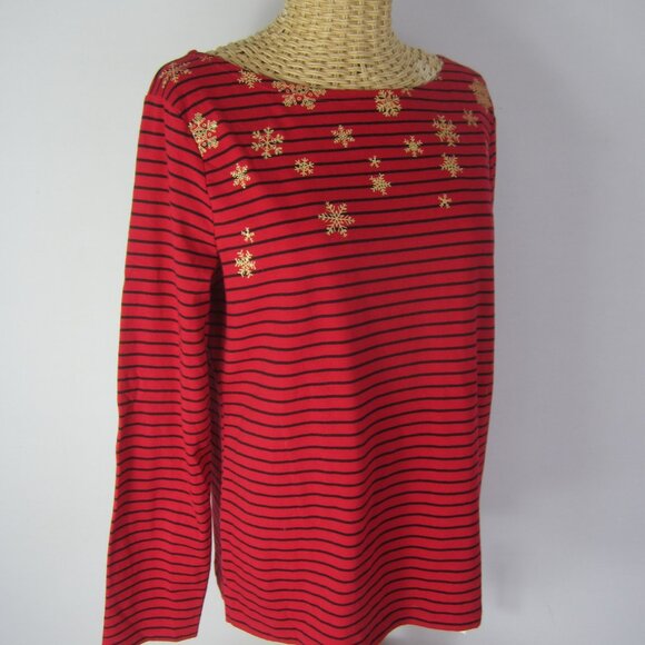 NEW Talbots Women Petite Medium PM Red Black Gold Stripe Snowflake Shirt NWT $45 - Picture 9 of 11